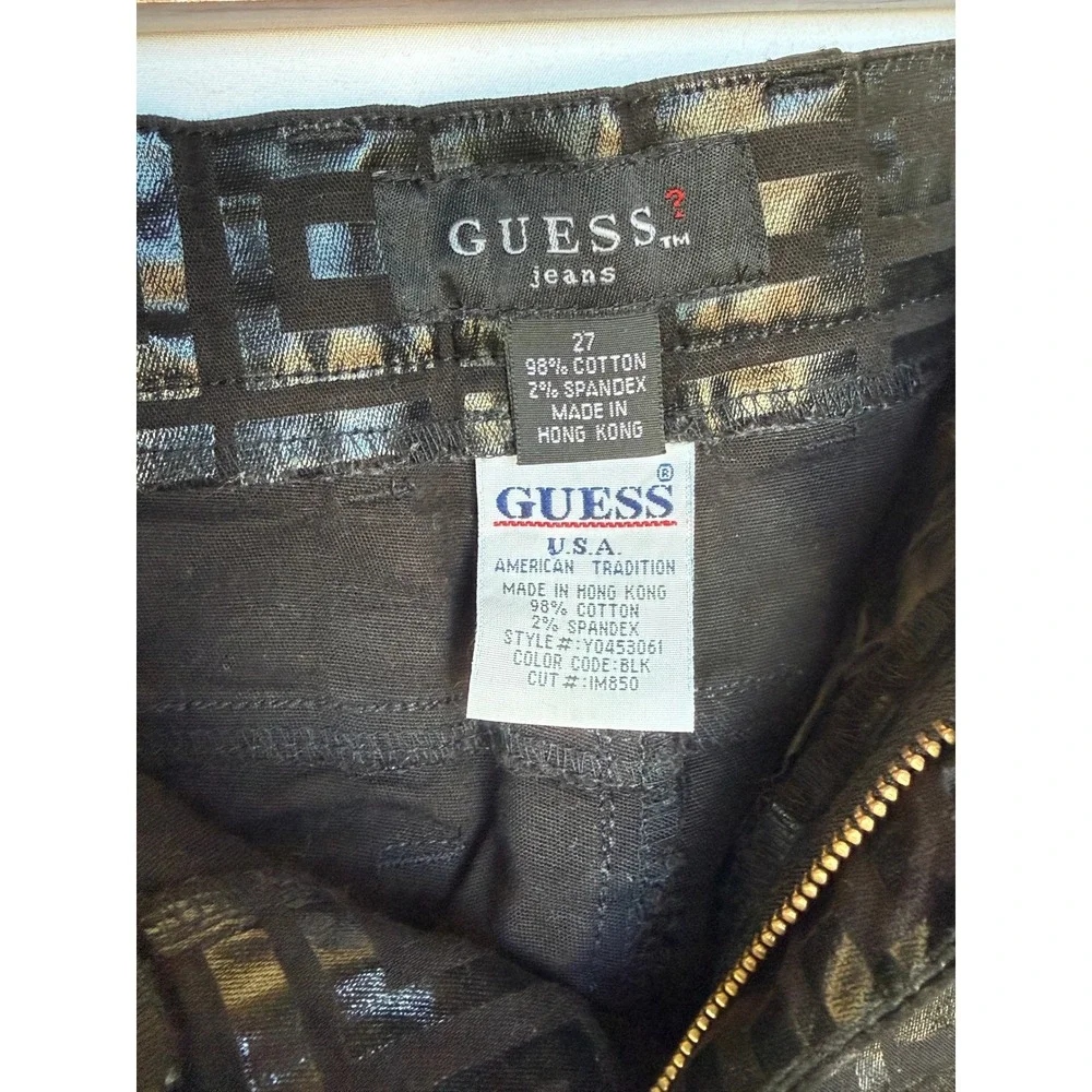 Y2K Vintage Guess Jeans Glamour Monogram Pants Women's Size 27 Black Metallic‎ G